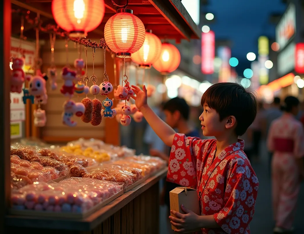 Bustling Japanese summer festival night scene with retro candy stall